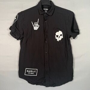 HOT TOPIC Men's Black Button Down "I'm Dead" in Japanese Skull Bones Shirt SM